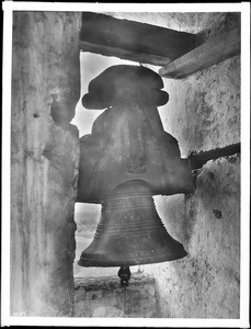 Bell with top balance in the bell tower at Mission Santa Inez, ca.1906