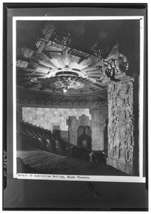 Interior view of the Mayan Theater, showing the auditorium ceiling and balcony seating, ca.1925