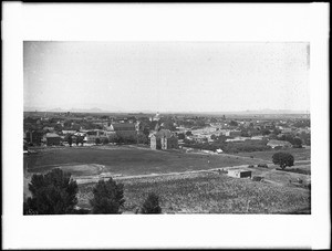 Wide view of the cityscape of Santa Fe from the northeast, New Mexico, ca.1895-1905