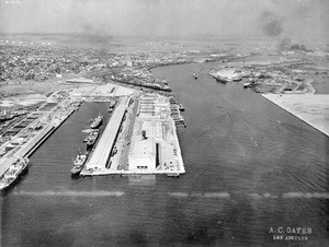 Aerial view of the Port of Los Angeles looking up the channel, 1933