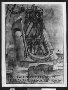 Drawing by R. W. Porter depicting an interior view of Mount Palomar Observatory showing the 200-inch telescope, looking north, 1938