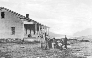 Mr. and Mrs. Shatto and friends in front of a Government Bararacks at Isthmus, Catalina Island, ca.1887