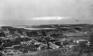 Panoramic view of the back of Mission San Buenaventura and early Ventura from the hill behind the mission, ca.1883