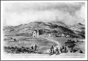 Drawing by Edward Vischer depicting the Mission Santa Ynez as seen from the north, with Father Blas Ordaz ordering ralais, 1865