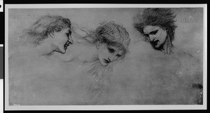 The painting "Study for the Mask of Cupid" by Burne-Jones, depicting three faces