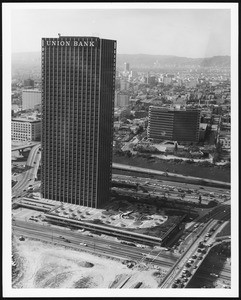 Aerial view of the Union Bank building in downtown Los Angeles, January 29, 1970