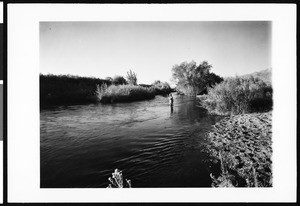 A man fishing while wading through a stream, ca.1930