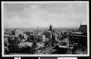 Panoramic view of downtown Los Angeles looking southeast from First Street and Hill Street toward Broadway, ca.1888-1890