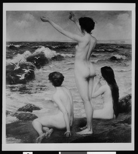 The painting "Joy of Life" by Middleton, depicting three naked women on the edge of the sea