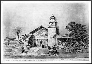 Drawing by Edward Vischer depicting the Franciscan Old Mission Church at Mission San Buenaventura, 1865