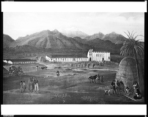 Painting by Ferdinand Deppe depicting Mission San Gabriel as it looked in 1828; 1832 (painting); 1900-1910 (photograph)