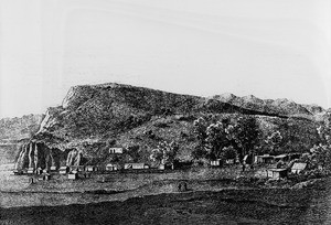 Drawing depicting Santa Monica Beach and Canyon, ca.1870