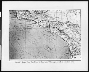 Map of Gaspar de Portola's route from San Diego to San Luis Obispo in 1769, projected on a modern map