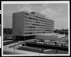 Exterior view of the Police Building (Parker Center?) in Los Angeles, 1958