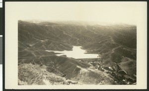 Aerial view of Stone Canyon Reservoir, ca.1930