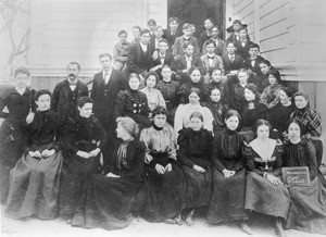 Teachers and students of Monrovia City's first High School Class gathered outside the school, Los Angeles, ca.1900