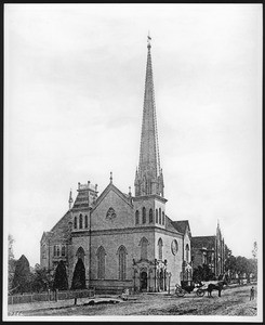 Exterior view of the First Presbyterian Church on the corner of Second Street and Broadway, looking southeast, Los Angeles, after 1881