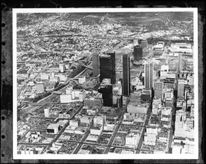 Aerial view of downtown Los Angeles, showing the Bank of America building and other highrise buildings, March 1973