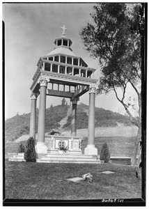 Pagoda style sepulchral monument on the grounds of Forest Lawn, ca.1930