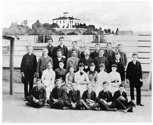 Portrait of Los Angeles High School's graduating class on Poundcake Hill, 1885