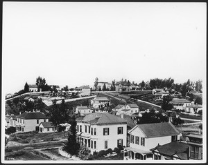 View looking southwest of the residential area surrounding Broadway, Temple Street and Hill Street, ca.1880