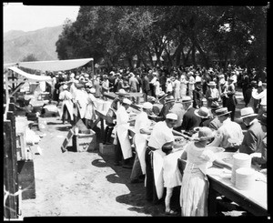 View of refreshments being served at the recreation of the driving of the final spike at Lang Station in Soledad Canyon, September 5, 1926