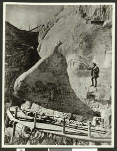 Gutzon Borglum's "Head of Thomas Jefferson" being carved on Mount Rushmore in Black Hills South Dakota, 1935