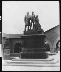 Statue of the founding family, Leland Stanford, Jane Stanford, and Leland Stanford Jr. at Stanford University, ca.1900