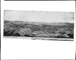 Lithograph by E.S. Glover depicting a panoramic view of Los Angeles, looking south, ca.1881