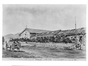 Drawing by Edward Vischer depicting the Mission San Jose in upper California, ca.1866