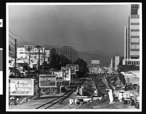 Traffic congestion and billboards in Century City, ca.1970-1979
