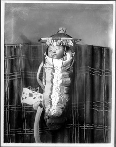 Portrait of a Yakima Indian papoose in a cradle, ca.1900