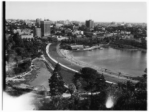 Birdseye view of the opening of the causeway across Westlake Park in Los Angeles