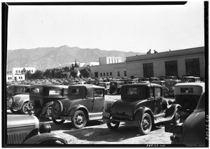 View of cars in the parking lot at Pasadena Junior College, March 1, 1938