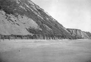 View along the sea shore near Station Twelve Rancho Boca de Santa Monica showing a bulkhead used to stabilize the county road, 1905