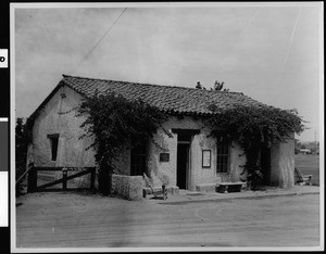 Exterior view of the "restored" adobe house of Josefa Carrillo, ca.1930