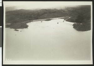 Aerial view of the Puddingstone Reservoir, ca.1920