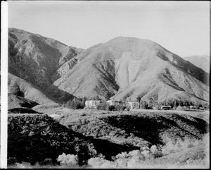 View of the mountains, The Arrowhead, and Hot Springs Hotel at Lake Arrowhead, ca.1910