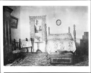 Interior view of the bedroom in the Del Valle home at Rancho Camulos, ca.1900