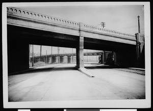 View of the Marengo Street Bridge over Ramona Boulevard with the Soto Street Bridge in the background, Los Angeles, 1930-1939