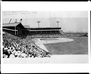 Panorama of Gilmore Field, taken from the seats, at the Hollywood Baseball Park on Beverly Boulevard at Fairfax Avenue, 1938