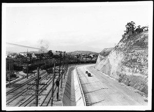 View northeast showing completion of Ramona Boulevard from the Macy Street Bridge, April, 16, 1934