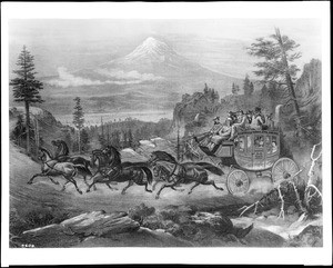 Drawing of a California and Oregon Stage Company stagecoach making its way through the mountains, ca.1860