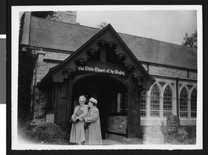 Chula Vista's "The Little Chapel of the Roses", showing two elderly women in the entrance, ca.1959