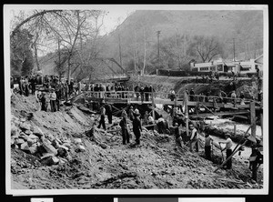 Arroyo Seco storm drain showing excavation in the main channel below the old Avenue 52 bridge, February 15, 1937