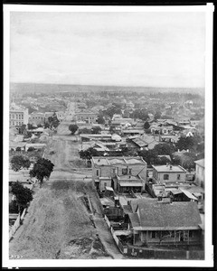 Birdseye view of First Street, looking east from Hill Street in Los Angeles, ca.1884