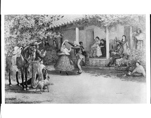 A.F. Harmer's painting "The Dance" showing dancers at the Donna Ysabel Yorba home in Santa Barbara, ca.1901