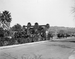 Horseback riders on a bridle path in Beverly Hills that leads to the sea and mountains, 1930-1940