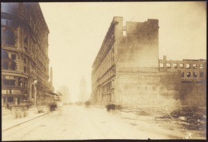 San Francisco earthquake damage, showing ruins of buildings on Market Street from Powell Street, from The Emporium and New Flood Building, 1906