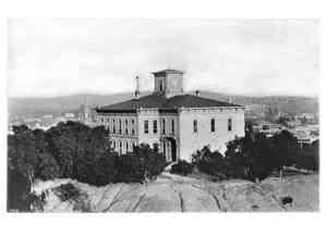 Los Angeles' first high school on Fort Moore Hill (Pound Cake Hill, Signal Hill), looking south from Temple Street and Broadway, ca.1875